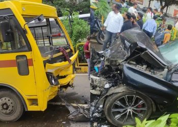 A School Bus carrying 15 students collided with a car at BIT road in Pimpri-Chinchwad