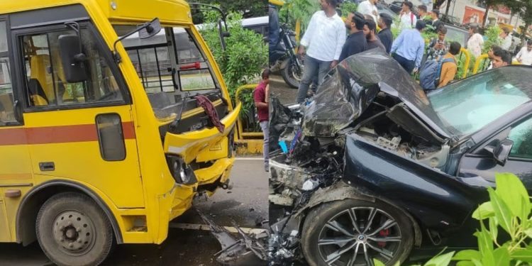 A School Bus carrying 15 students collided with a car at BIT road in Pimpri-Chinchwad