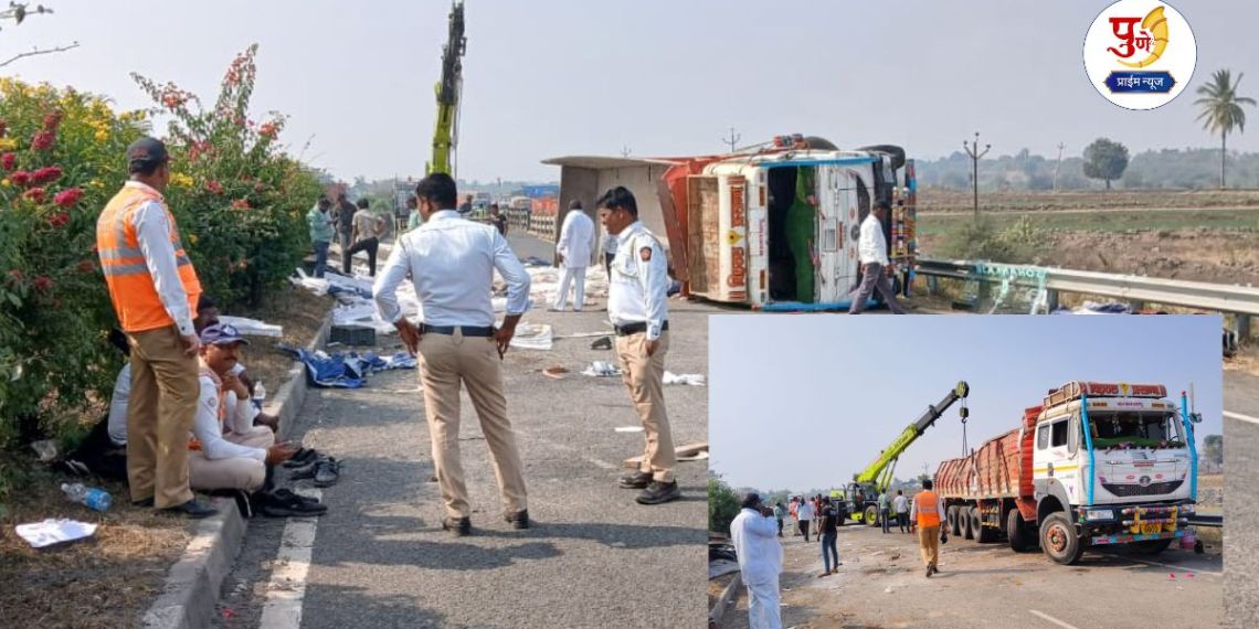 Pune News: Truck carrying railway wheel overturns on Pune-Solapur highway